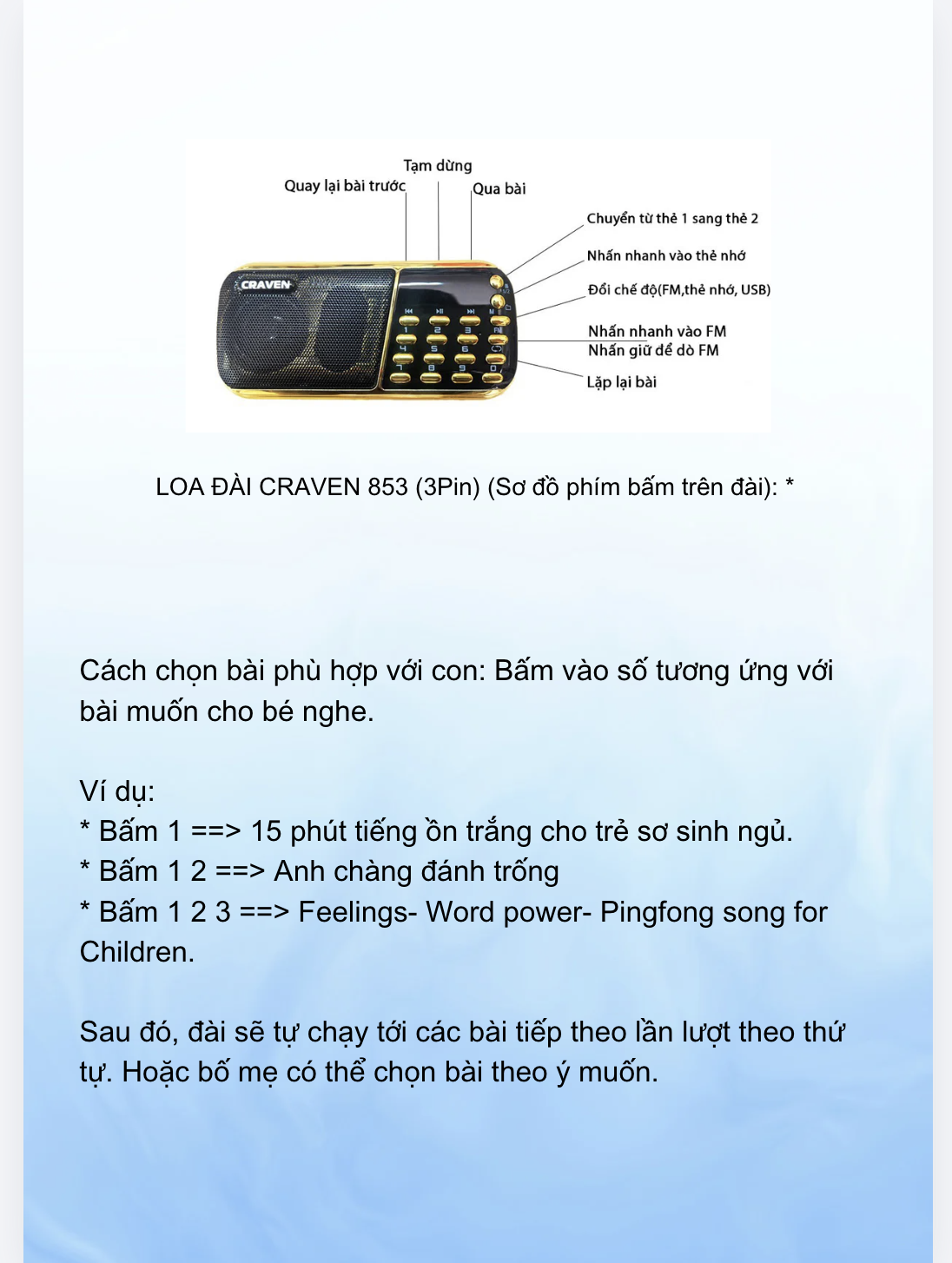 Sơ đồ phím bấm loa Craven CR-853 3 pin